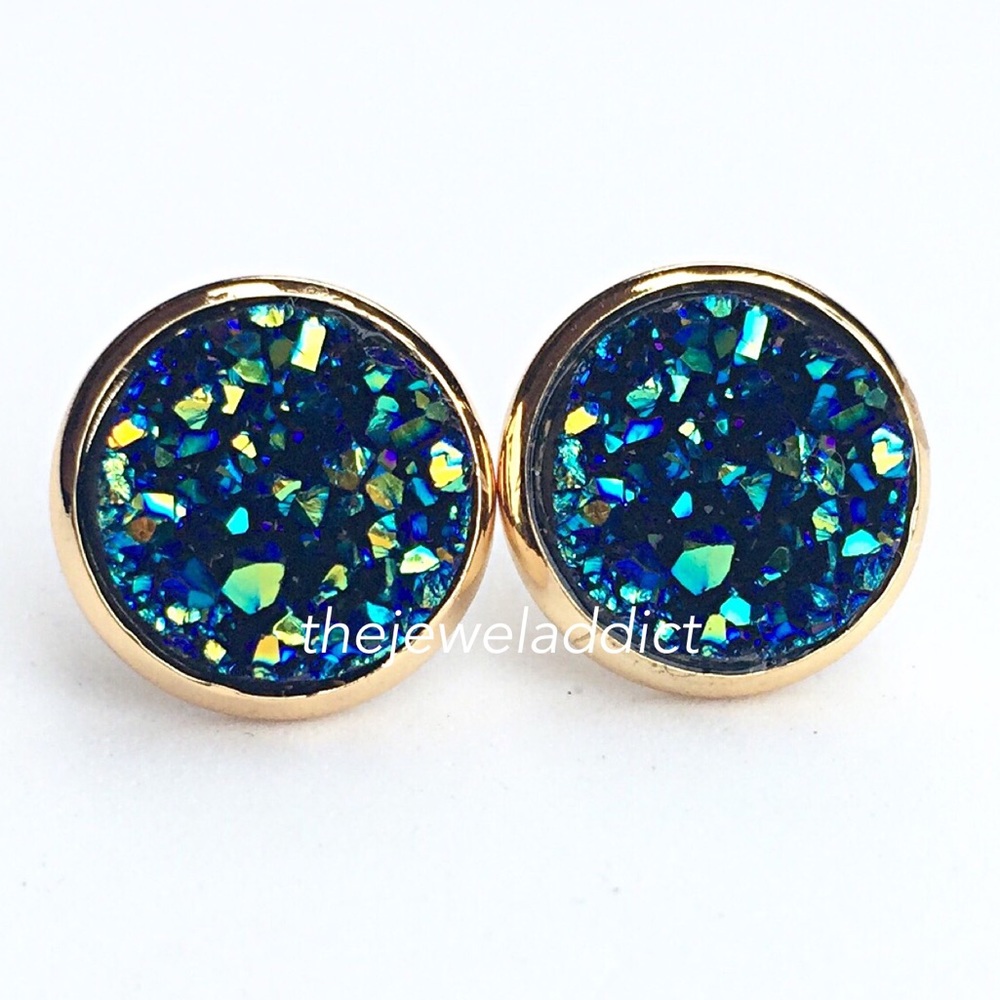 3 for 15🎀chunky blue Drusy style gold studs